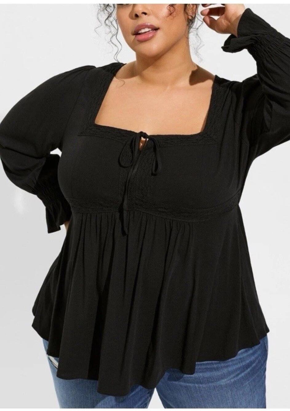 Torrid Babydoll Rayon Slub Lace Trim Long Sleeve Top Women 2X Black Babydoll Tie